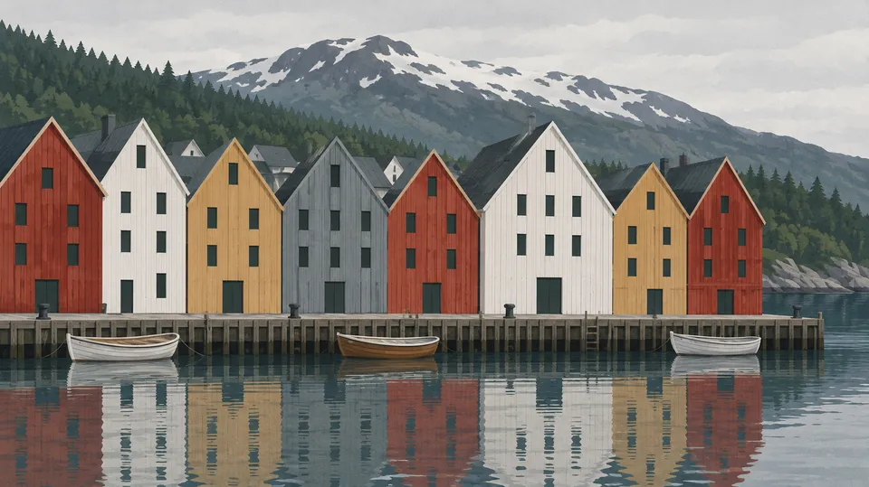 Flad illustration af en række spidsgavlede træhuse i rødt, hvidt og okker ved en havnekaj med bakker og fjeld bagved