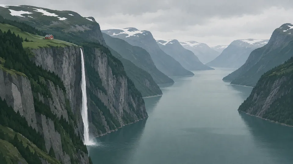 Flad illustration af en dyb fjord med stejle klippevægge, et højt vandfald og en lille rød gård på en afsats