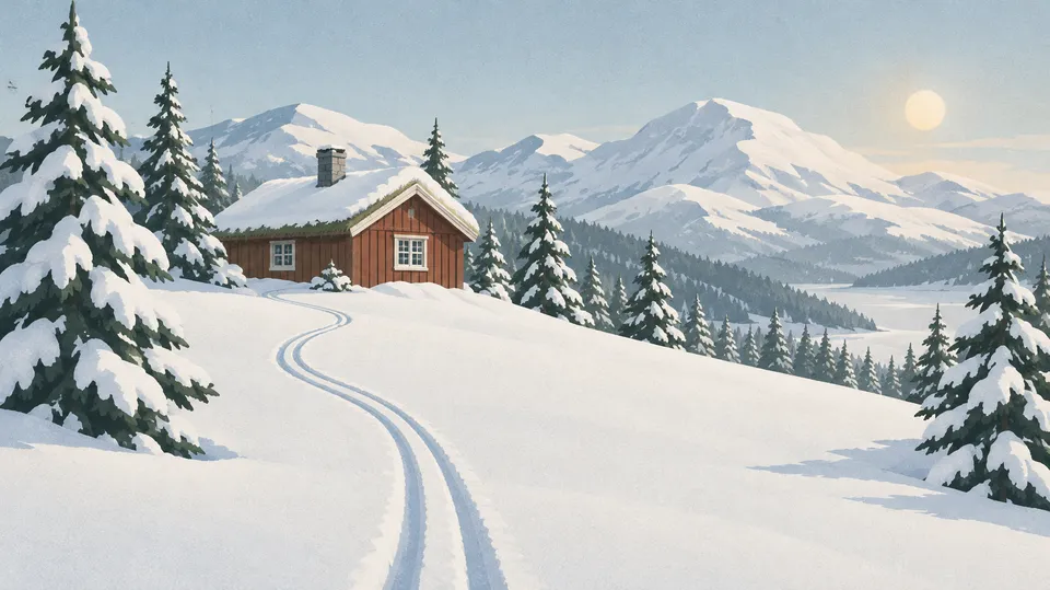 Flad illustration af en rødmalet fjeldhytte i dyb sne med skispor, der snor sig op mod hytten mellem snedækkede graner