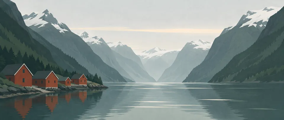 Flad illustration af en smal fjord med stejle fjeldsider, sne på toppene og små rødmalede træhuse ved vandet i morgenlys