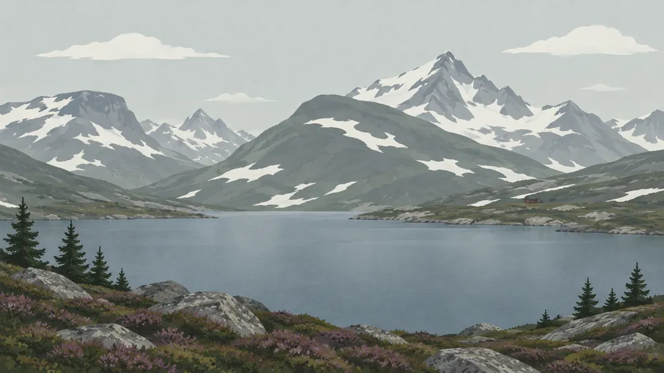 Flad illustration af en fjeldsø på et højfjeldsplateau med lyng, sten, snefelter og spidse tinder i baggrunden