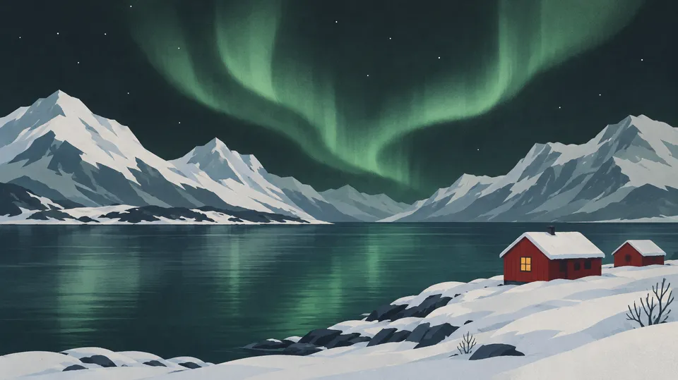 Flad illustration af grønt nordlys over en mørk fjord og snedækkede fjelde med to små røde hytter ved kysten